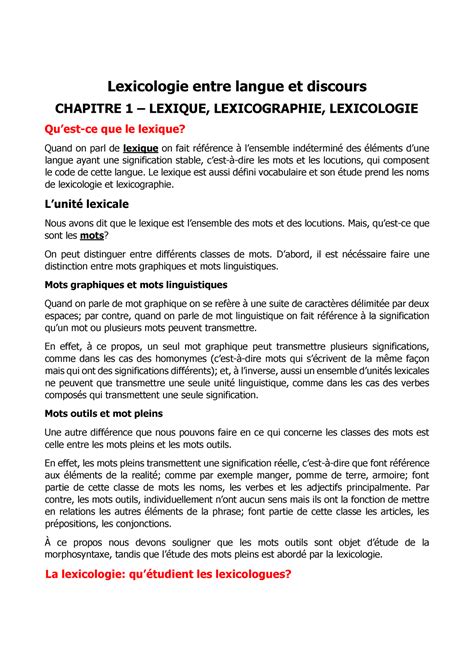 Lexicologie Entre Langue Et Discours Completo Lexicologie Entre