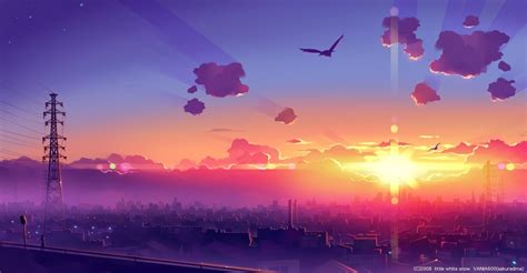 Anime Sky Skyline Power Lines Sunlight Sun Rays Cityscape Birds