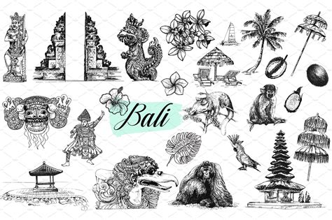 Bali Ad Landmarksobjectsanimalsset Ad Floral Illustrations