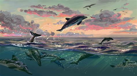 Download Wallpaper 1920x1080 Dolphins Jump Water Art