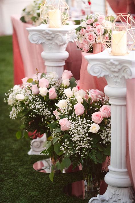Blush Pink And White Roses And Babys Breath Floral Arrangement