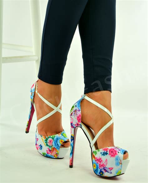 New Womens Ladies Floral Print High Stiletto Heel Ankle Strap Sandals Shoes Size Ebay