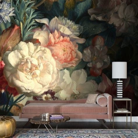 Dark Floral Mural Wallpaper Peel And Stick Vintage Flower Etsy Uk Painting Wallpaper Floral