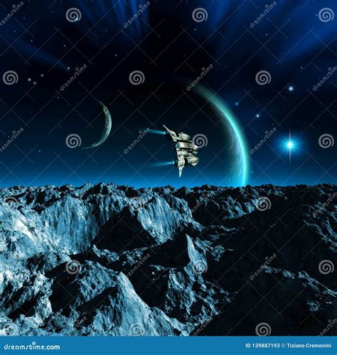Spaceship Flying Over A Moon With Mountains And Rocks Two Planets With