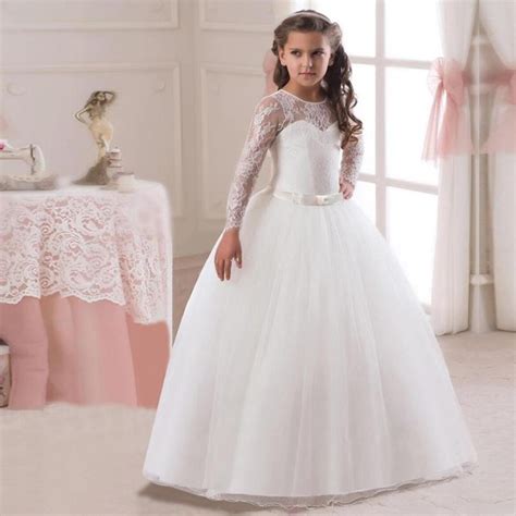 5 14y Kids Girls Long White Lace Flower Party Ball Gown Prom Dresses