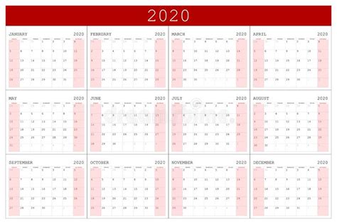 Calendar 2020 Vector Basic Grid Simple Design Template Vector