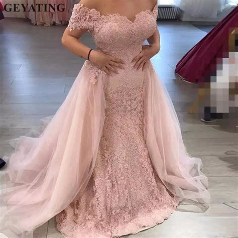 Arabic Blush Pink Lace Mermaid Evening Dress With Detachable Skirt