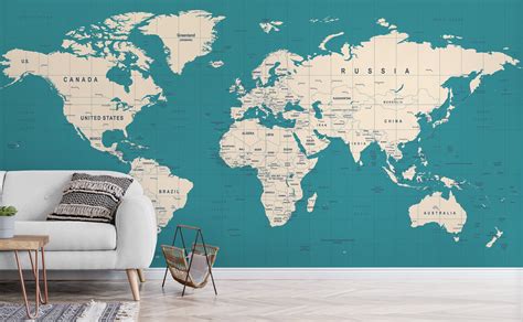 Plain Vintage Tan And Turquoise World Map Wall Mural Destination Unknown