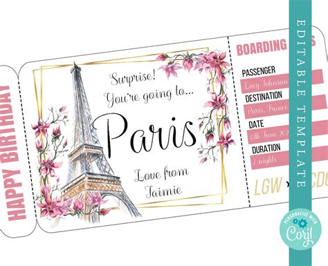 Paris Boarding Pass Template Trip To France Airplane Ticket Etsy
