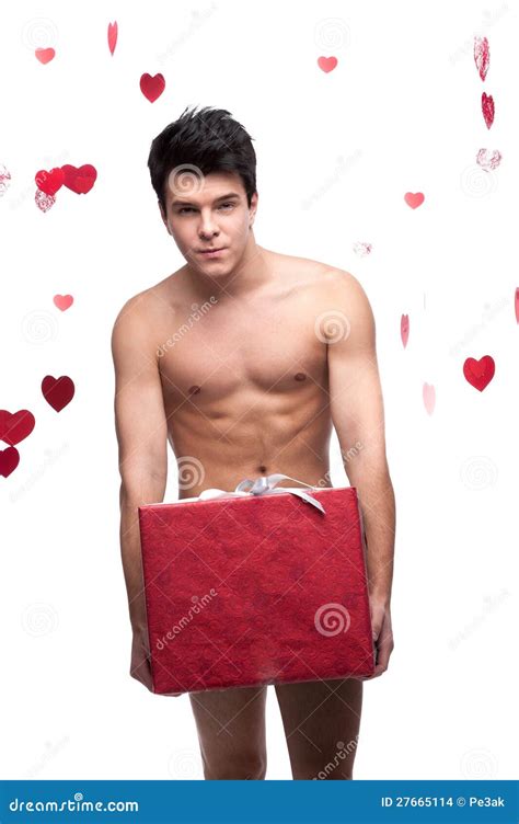 Naked Man Holding Christmas Gift Stock Photo Image Of Black Male