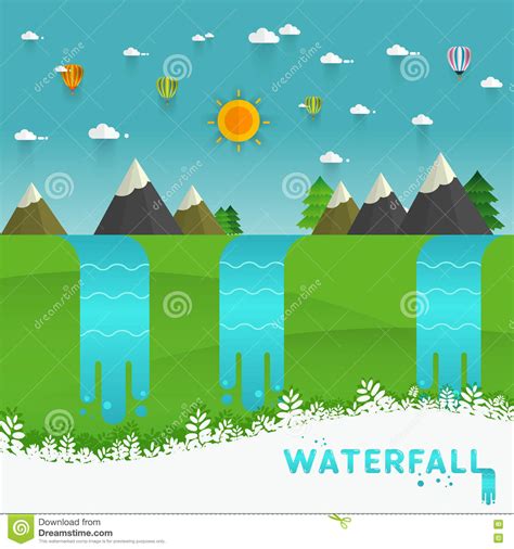 Landscape Illustration Mountain River Waterfall Stock Vector