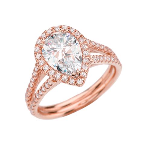 Halo Pear Shaped Cubic Zirconia Center Engagement Ring In Rose Gold