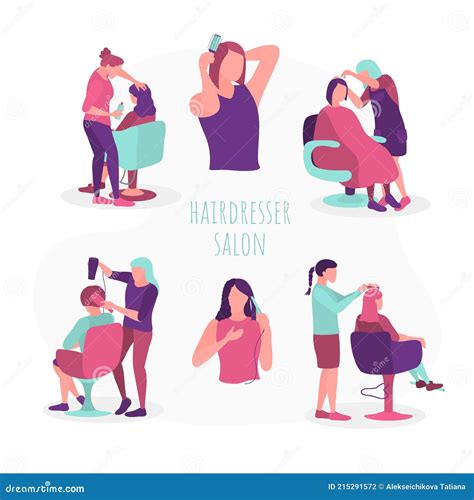 Women Hairdressers Working With Clients Set Flat Vector Illustration