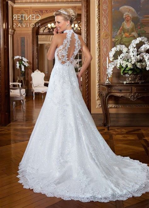 Elegant A Line Halter Open Back Lace Glitter Wedding Dress With Buttonsbridalgownopenbackw