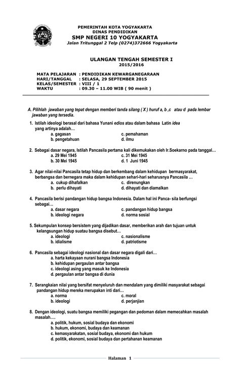 Soal Uts Pancasila Semester 1