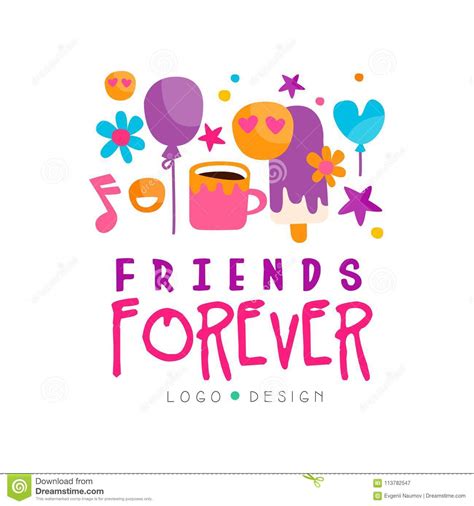 Friends Forever Logo Template With Cup Of Tea Balloons Stars Flowers