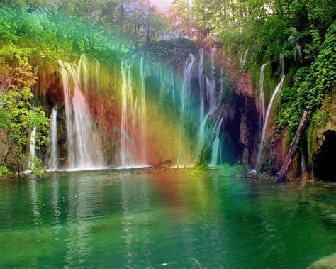 Rainbow Waterfall Waterfall Nature Rainbow Sky Trees