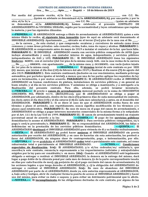 Modelo Contrato De Arrendamiento De Vivienda Urbana Colombia 2021