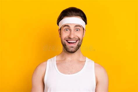 Portrait Of Attractive Amazed Cheerful Guy Sportsman Good Mood Isolated