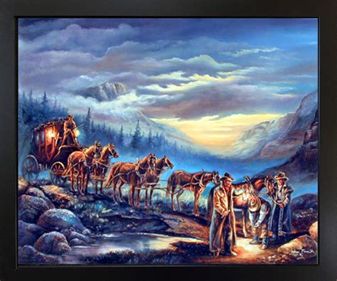 Western Cowboys Stagecoach With Horses Night Scene Decor Wall Black