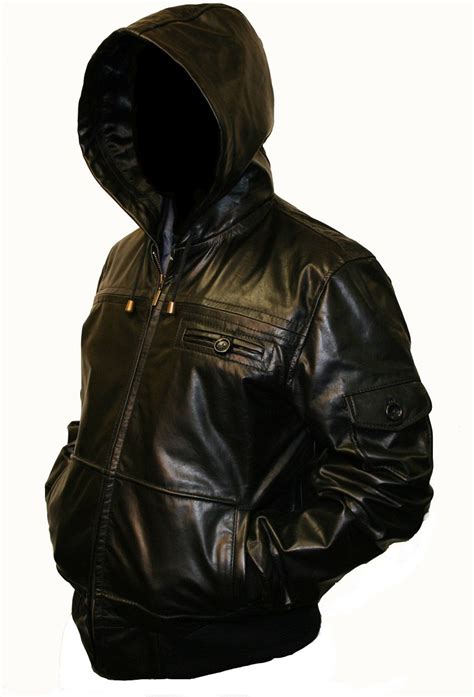 Mens Clothing Leather Skin Men Black Hooded Hood Leather Jacket With