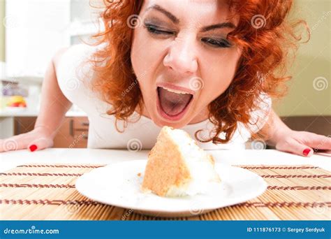 Plus Size Girl Greedy Eats Sweet Pie Hungry Fat Model Sit By Th Stock Image Image Of Dessert