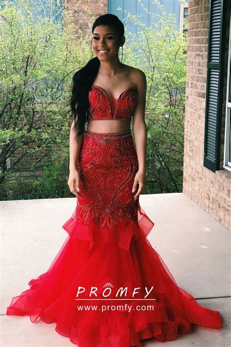 Beaded Red Tulle Two Piece Mermaid Trumpet Long Formal Prom Dress