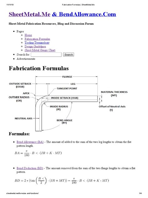 Fabrication Formulas Sheetmetalpdf Sheet Metal Metalworking
