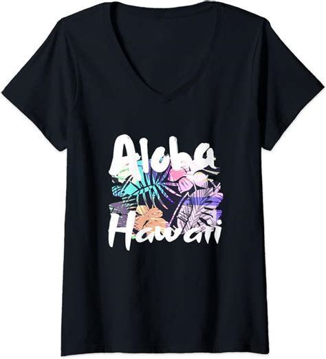Womens Aloha Hawaii Tropical Floral Leaves V Neck T Shirt