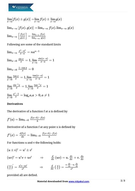 Class 11th Math Limits And Derivatives Formulas Cbse 2023