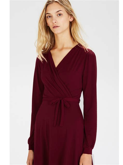 Warehouse Long Sleeve Crepe Wrap Dress In Dark Red Red