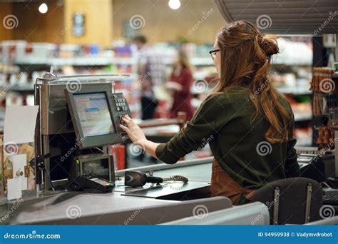 Cashier Woman on Workspace in Supermarket Shop Stock Photo - Image of