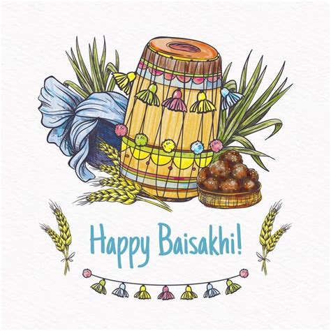 Free Vector Baisakhi Festival With Drums In Hand Drawn Happy