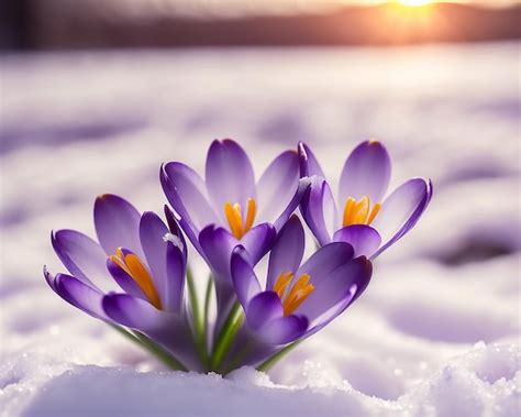 Premium Photo Crocus Bulb Blooming In Snow First Spring Flower