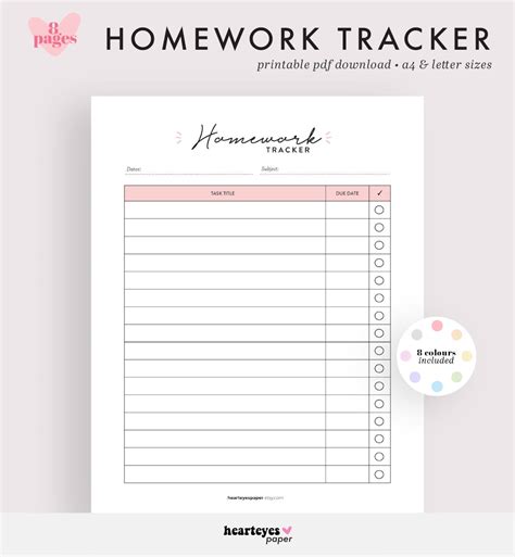 Homework Tracker Printable Planner Homework Planner Etsy