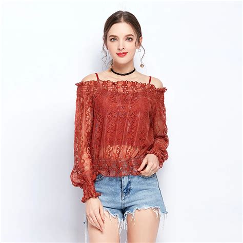 Pengpious Fashion New Lace Top With Liner Condole Top Long Sleeves See Trough Hollowed Sexy Lace