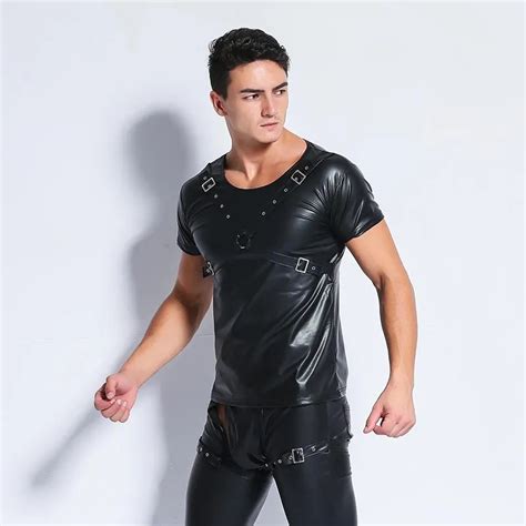 Fetish Sexy Mens Underwear Leather Vest Men Sexy Lingerie Faux Leather Solid Color Black Male