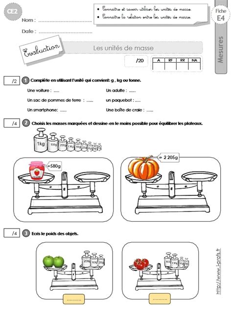 CE2 MESURES ET GRANDEURS Evaluation Sur La Conversion Des Mesures De Masse