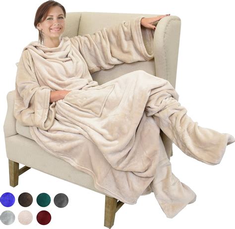 Fleece Blanket With Sleeves And Foot Pockets Latte Micro Plush Fleece