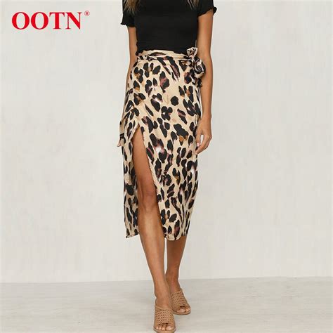 Ootn Women Leopard Print Wrap Skirt Sashes High Waist Spring Midi