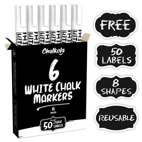 White Liquid Chalk Marker Pen 6mm Reversible Tip 6 Pack 50 Chalk