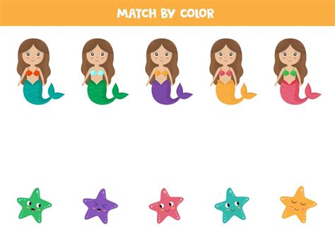 Match Mermaids And Starfish By Colors Educational Worksheet 2847349