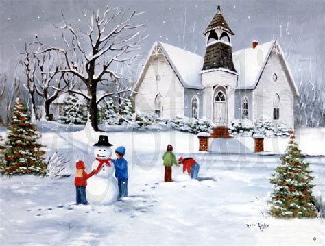 Folk Art Print Winter Original Country Church Children Making Snowman