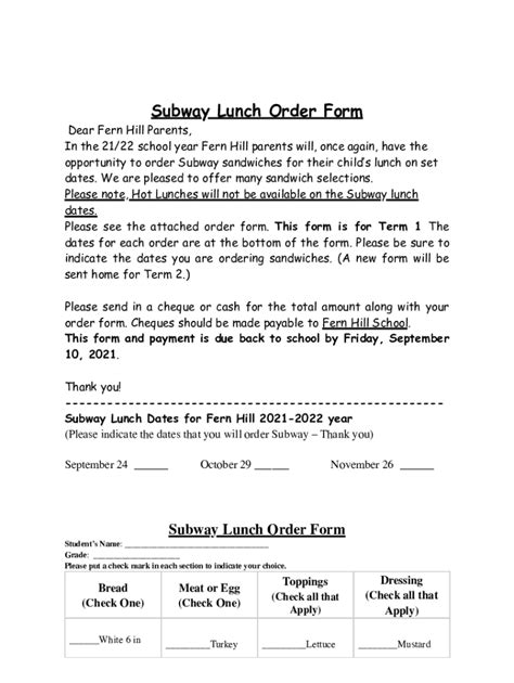 Fillable Online Subway Order Form Term 1 2122 Fax Email Print Pdffiller