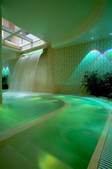 Swimming Pool Indoors W Waterfall Green Lighting Luxury Pools Pool