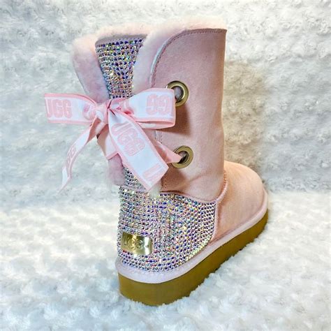 Bling Ugg Short Pink Bailey Bow Women S Custom Seashell Etsy Pink Ugg Boots Uggs Pink Uggs