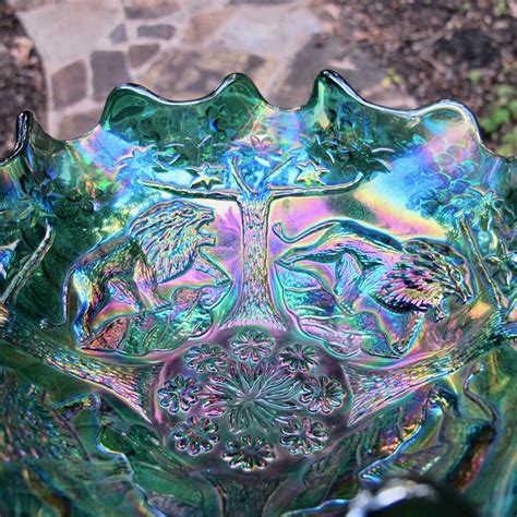 Fenton Teal Green Lions Fenton S Flowers Carnival Glass Ruffled Bowl Carnival Glass