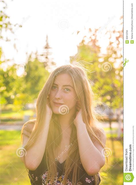 Beautiful Young Woman In The Park Outdoor Portrait Stock Photo Image