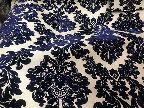 Designer Damask Burnout Chenille Velvet Fabric Royal Blue Bty
