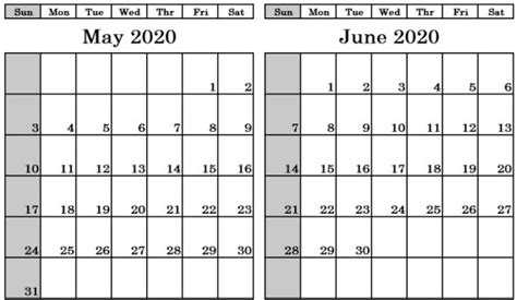Two Month May June 2020 Calendar Printable Templates